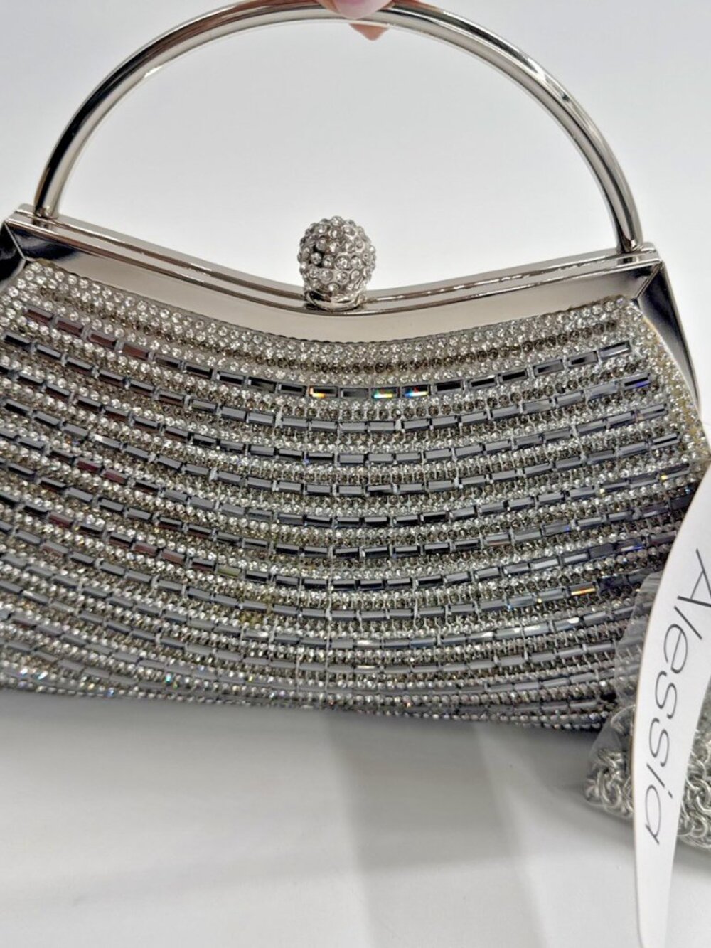 Alessia Clutch Bling Silver Handbag Shoulder Purse Diamond with Chain Strap NEW